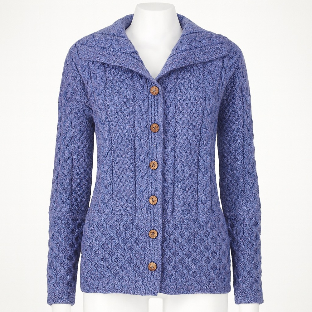 VYG Handmade Cable Knit Wool Fisherman Sweater Cardigan Button Up XL Purple - Picture 12 of 12